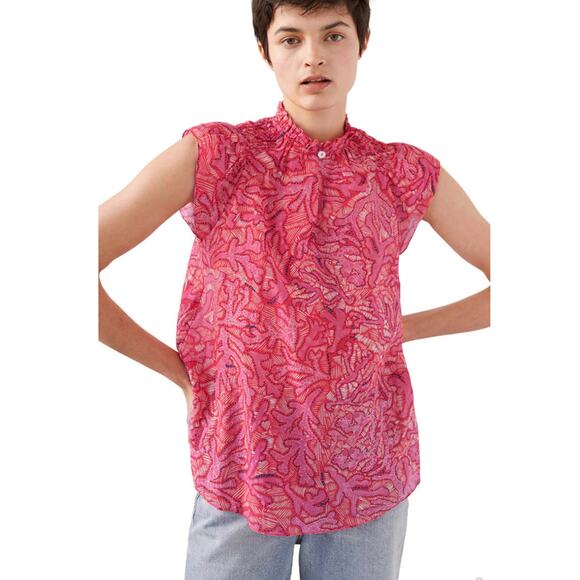 CHUFY Pink High Neck Cotton Silk Blouse Cottagecore Floral Spring Luxury XS - Picture 3 of 10